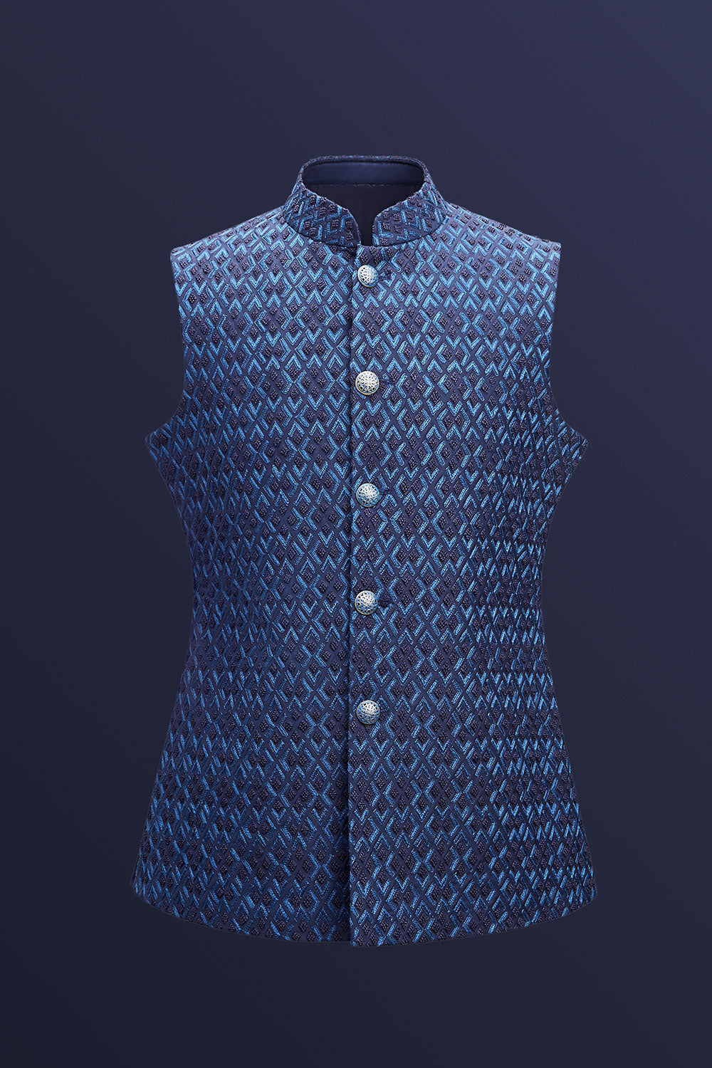 Blue Satin Rhombus Sleeveless Jacket Set