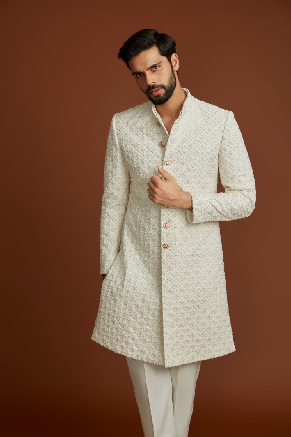 Ivory Mosaic Short Sherwani Set