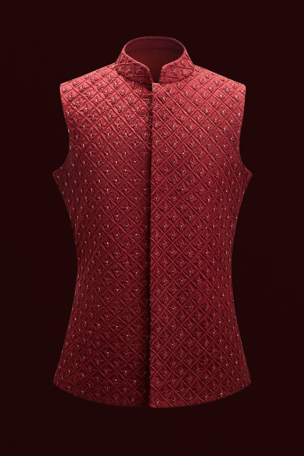 Maroon Leaf Grid Sleeveless Jacket Set